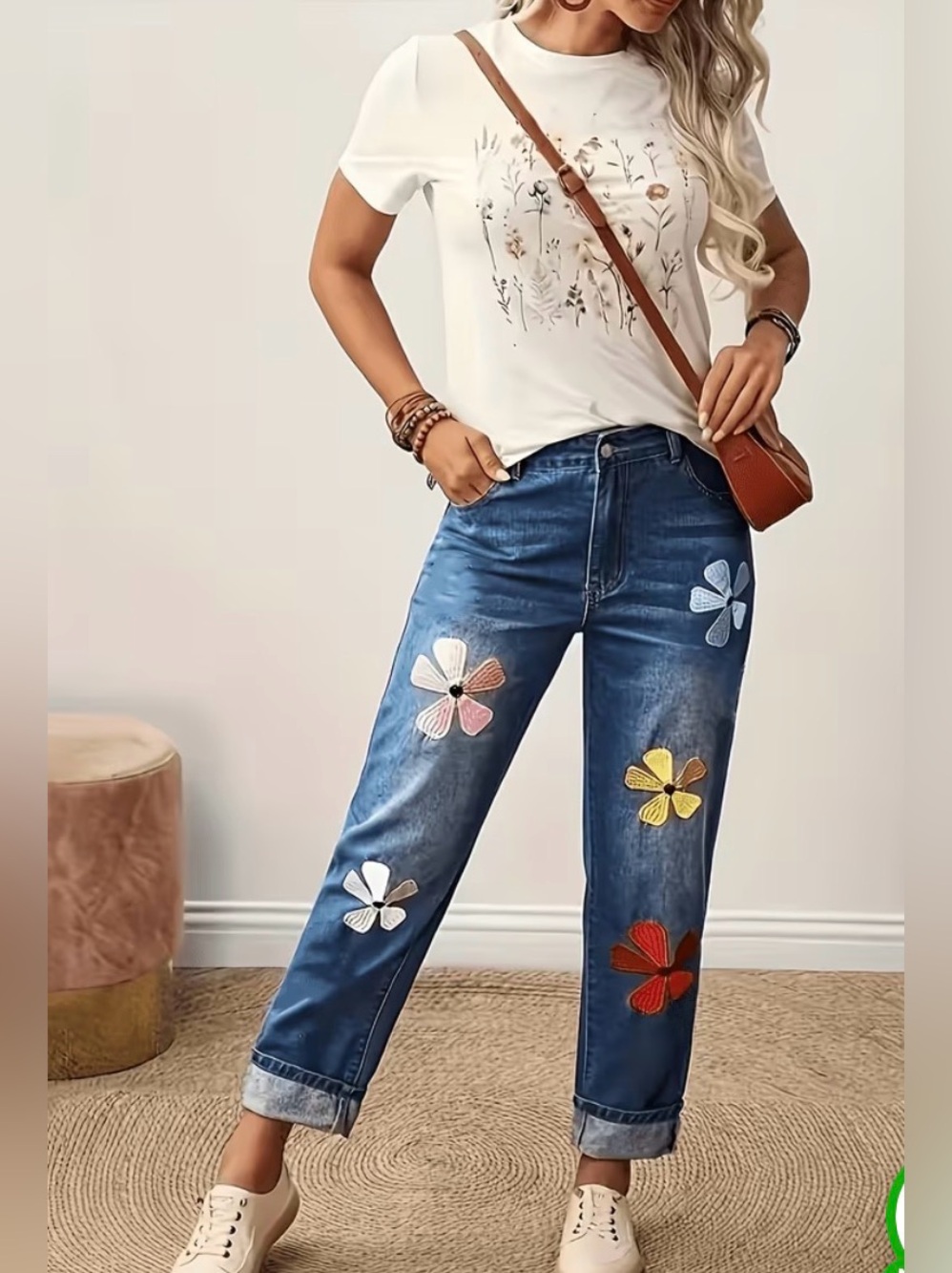 Embroidered Floral Relaxed Women's High Waisted Jeans - Blue